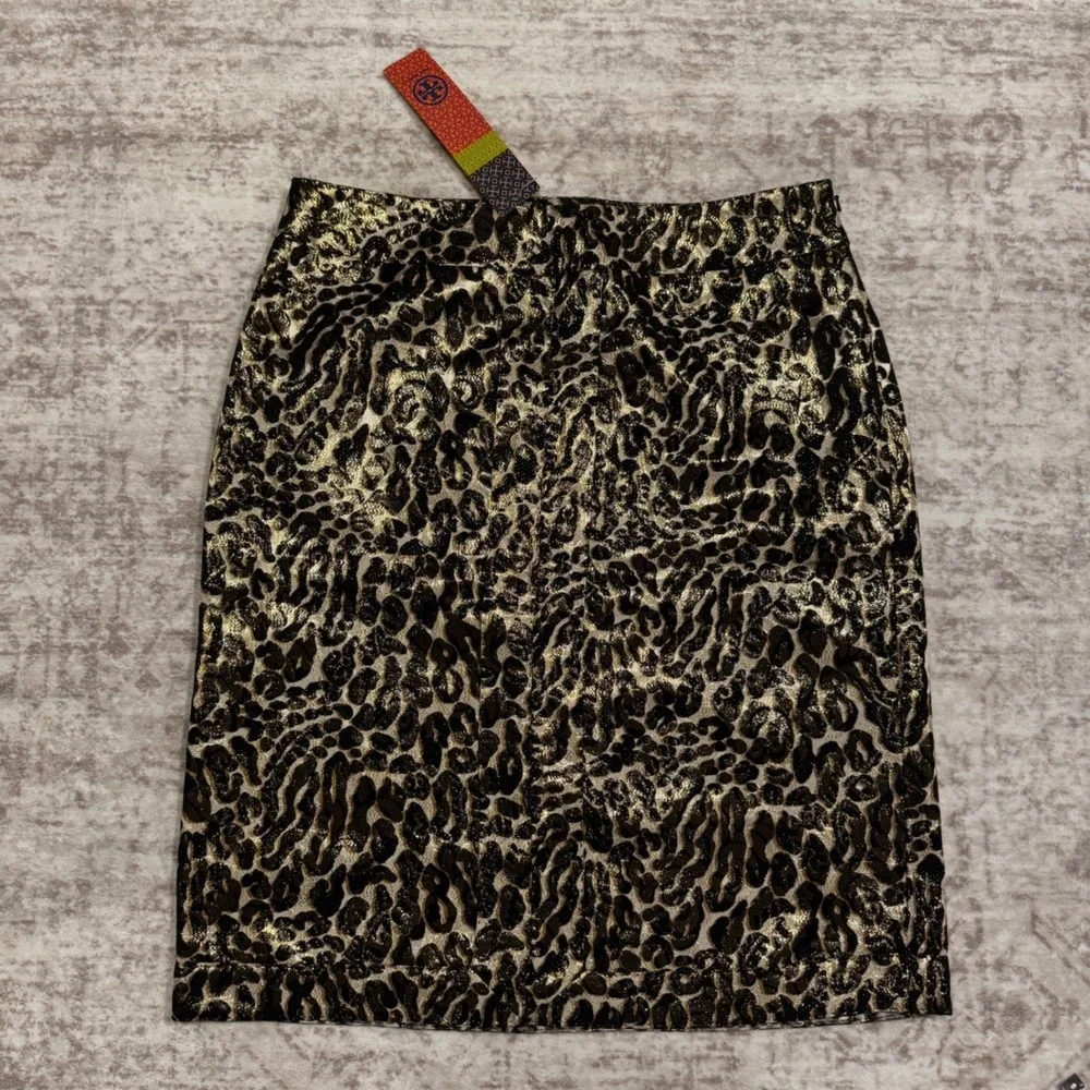 Tory Burch Isis Skirt Ivory Cheetah Gold Metallic Silk Blend Pencil Skirt 10 New